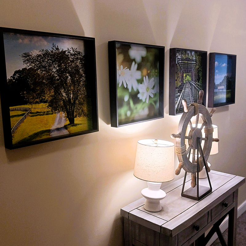 framed artwork lit by lamps on accent table