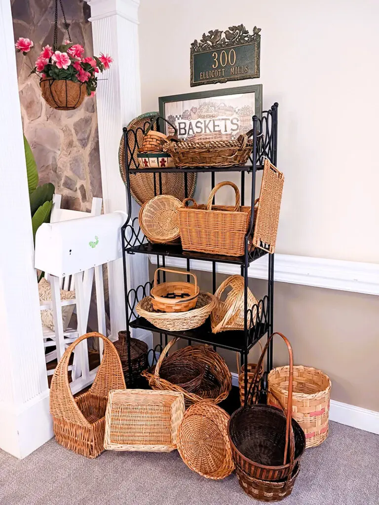 shelf full of wicker baskets