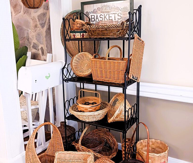 shelf full of wicker baskets