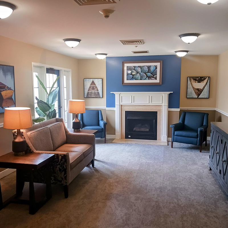 community room with fireplace