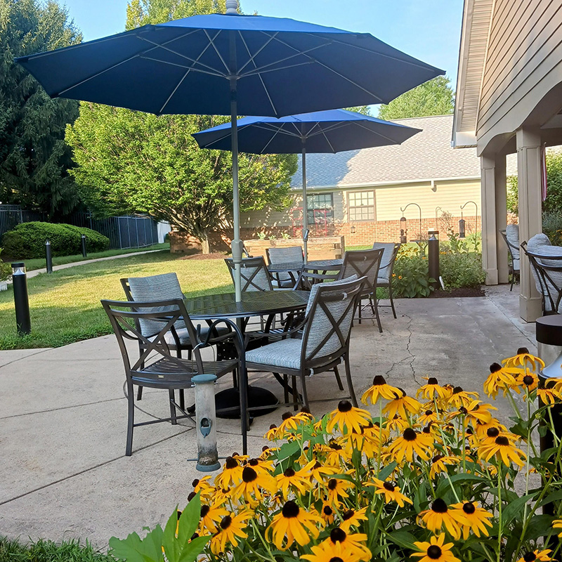 outdoor patio with sun umbrellas and seating