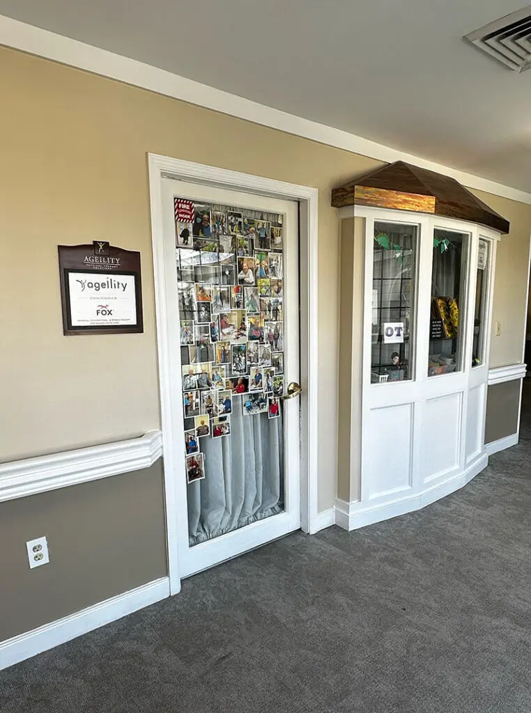 glass door display with photo collage